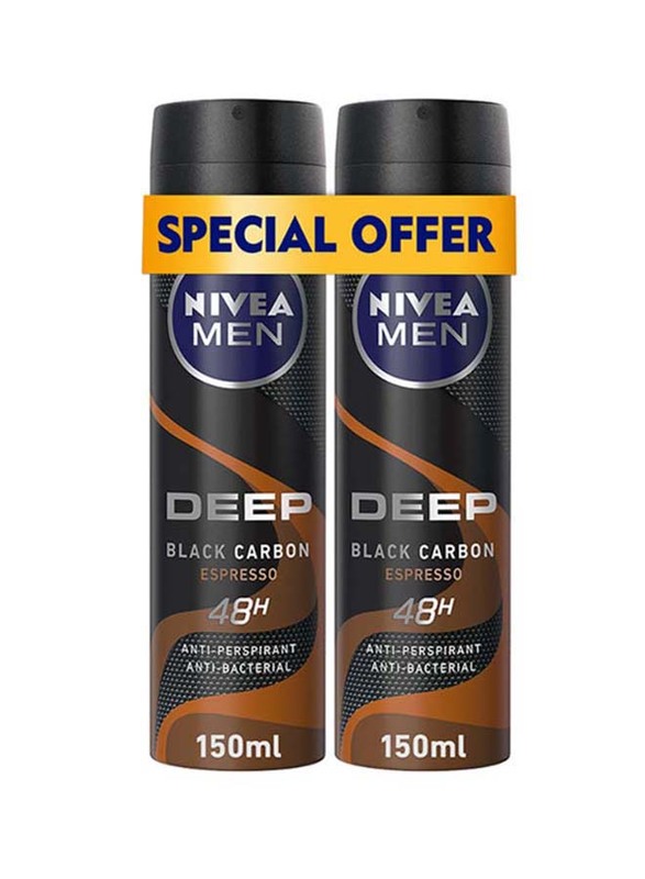 Nivea Deep Black Carbon Espresso Antiperspirant Spray for Men, 150ml, 2 Pieces