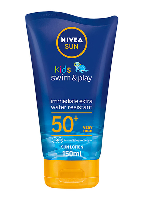 Nivea 150ml Sun Kids Swim & Play Sun Lotion with UVA & UVB Protection, SPF 50+ for Kids, Dark Blue/Yellow