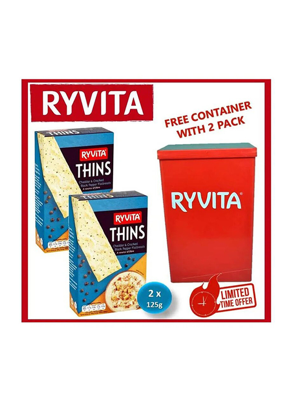 Ryvita Thins Cheese & Cracked Black Pepper Crisp with Container, 2 x 125g