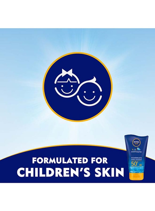 Nivea 150ml Sun Kids Swim & Play Sun Lotion with UVA & UVB Protection, SPF 50+ for Kids, Dark Blue/Yellow