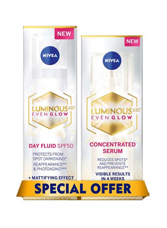 Nivea Luminous 630 Even Glow Face Day Fluid Spf 50 with Serum, 2 Pieces