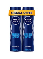 Nivea Fresh Active Deodorant Spray for Men, 2 x 150ml