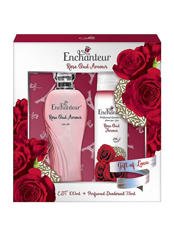 Enchanteur 2-Piece Rose Oud Amour Gift Pack for Women, 100ml EDT, 175ml Perfumed Deodorant