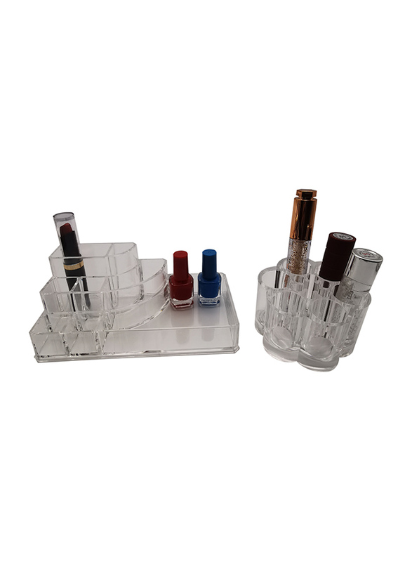 Acrylic Makeup Organizer Cosmetic Box Lipstick & Jewelry Storage Case Holder, 2-Pieces, Clear