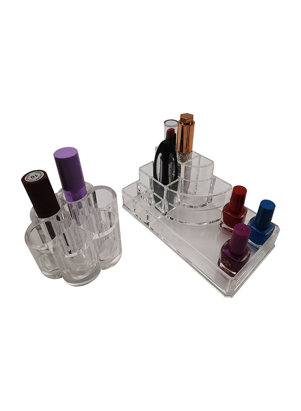 Acrylic Makeup Organizer Cosmetic Box Lipstick & Jewelry Storage Case Holder, 2-Pieces, Clear