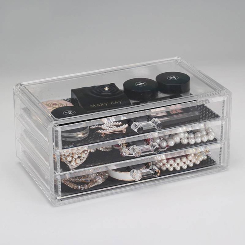 3-Drawer Cosmetics Storage Display Box Jewelry Organizer with Lipistick Holder, Clear