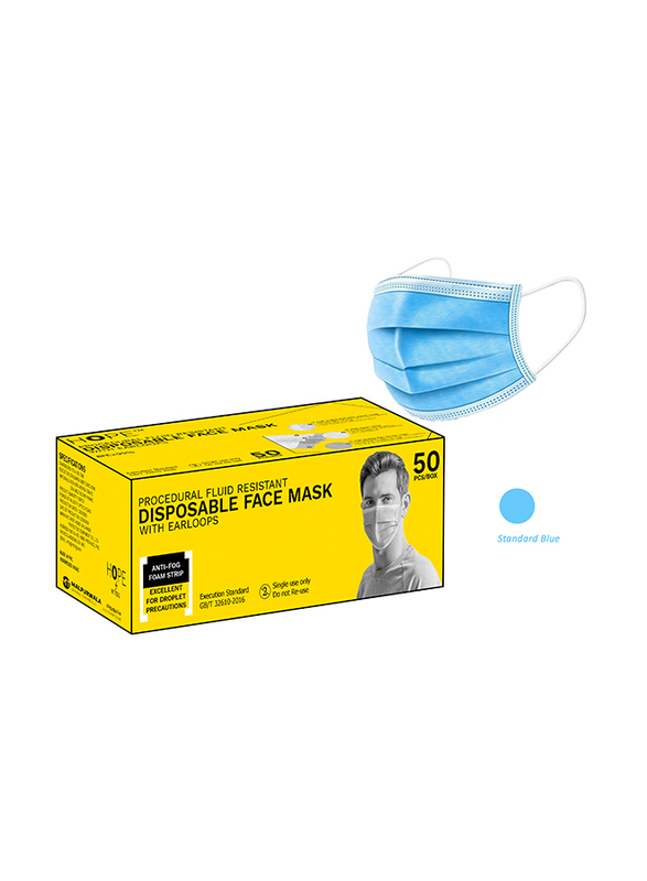 3-Layered Disposable Face Mask, Standard Blue, 50 Masks