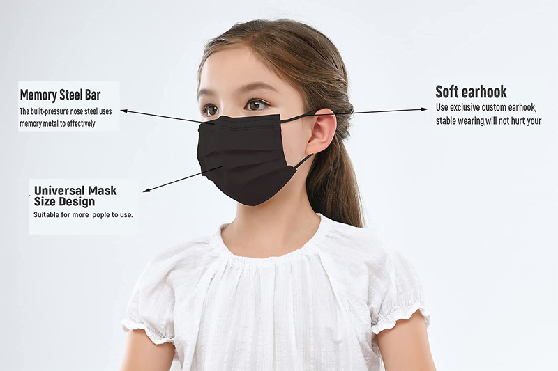 3 Layer Face Protection Disposable Face Mask for Kids, Black, 50 Masks