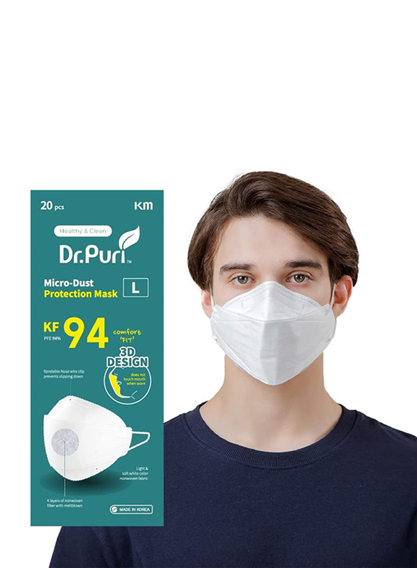 Dr.Puri KF94 Micro-Dust Protection Face Premium Mask, Large,  White, 20 Masks