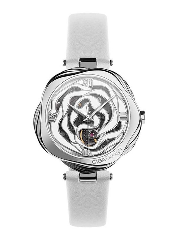 CIGA Design R Series Danish Rose Analog Automatic Mechanical Watch for Women with Leather Band, Water Resistant, R022-SISI-W1, White-Silver/Black