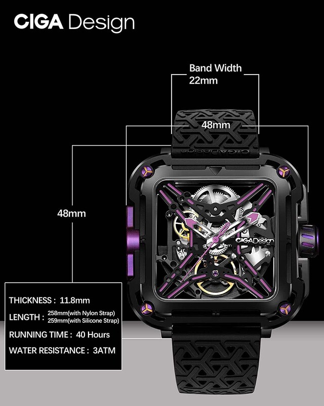 CIGA Design X Series Great Ape Hollow Design Analog Watch for Men with Silicone Band, Water Resistant, X011-BLPL-W25BK, Black-Black/Purple