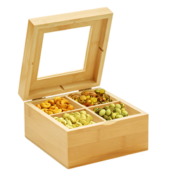 Jinou Nuts Container Made with Premium Quality Bamboo Material with Transparent Glass Lid Dry Fruits And Nuts Tray Box For Dry Fruits, Dates, Chocolates And Candies.