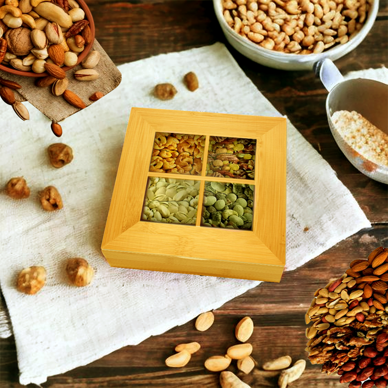 Jinou Nuts Container Made with Premium Quality Bamboo Material with Transparent Glass Lid Dry Fruits And Nuts Tray Box For Dry Fruits, Dates, Chocolates And Candies.