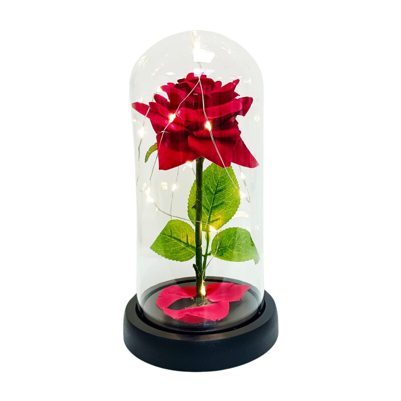 Jinou Valentines Day Gift, Crafted with Premium Quality Glass Jar & LED lights,Gift for Wife, Husband, Boyfriend and Girlfriend, RED Flowers with Black Base