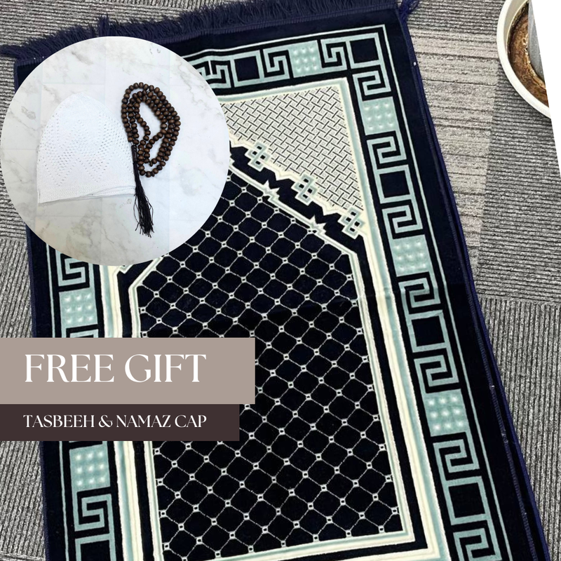 Jinou Prayer Mat with free namaz cap and tasbih beeds,Made With Premium Quality Soft Turkish Velvet,Ramadan Gift Prayer Rug for Men, Women and Grandparents and Kids