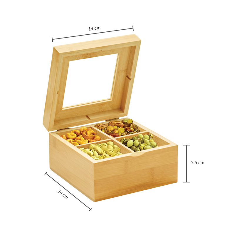 Jinou Nuts Container Made with Premium Quality Bamboo Material with Transparent Glass Lid Dry Fruits And Nuts Tray Box For Dry Fruits, Dates, Chocolates And Candies.