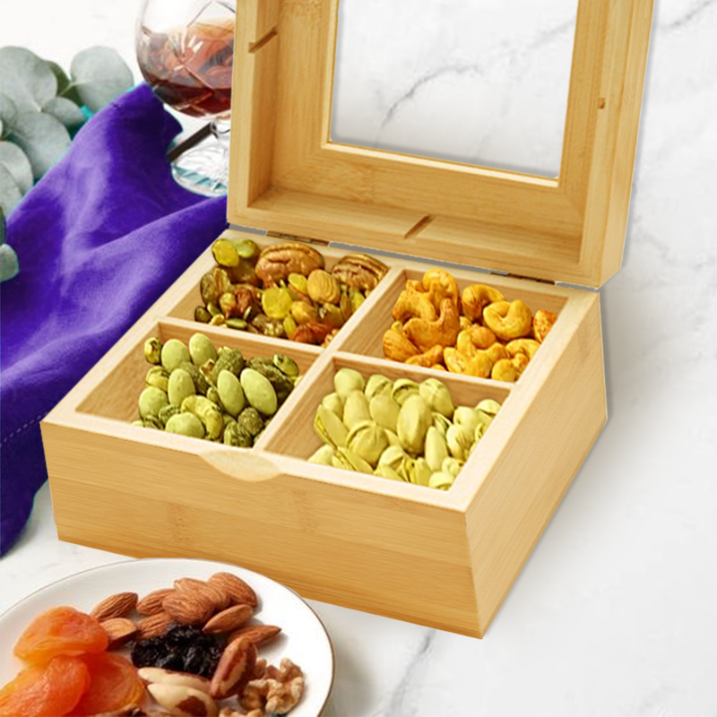 Jinou Nuts Container Made with Premium Quality Bamboo Material with Transparent Glass Lid Dry Fruits And Nuts Tray Box For Dry Fruits, Dates, Chocolates And Candies.