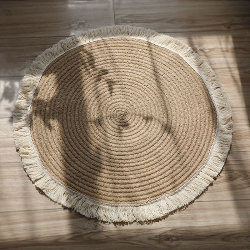 Hand Woven Jute Tassel Round Living Room Carpet With Anti Slip Bottom (Size 80CM)