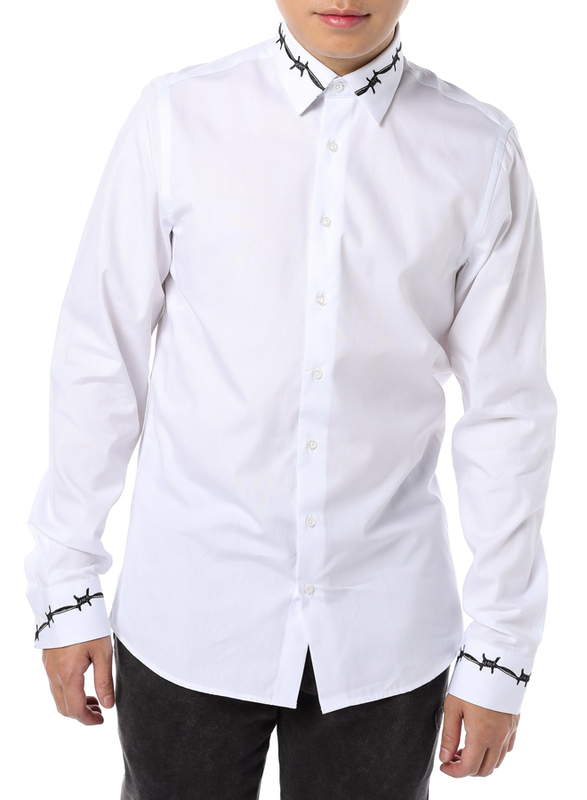 Criminal Damage Barb Emb Long Sleeves Shirt for Men, Small, White