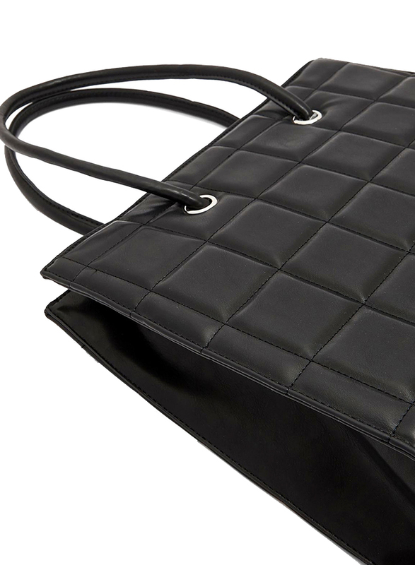 NA-KD Polyurethane Big Quilted Shopper Tote Bag for Women, Black