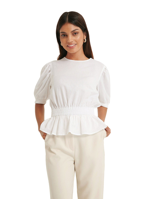 NA-KD Smocked Waist Linen Blend Blouse for Women, 34 EU, White