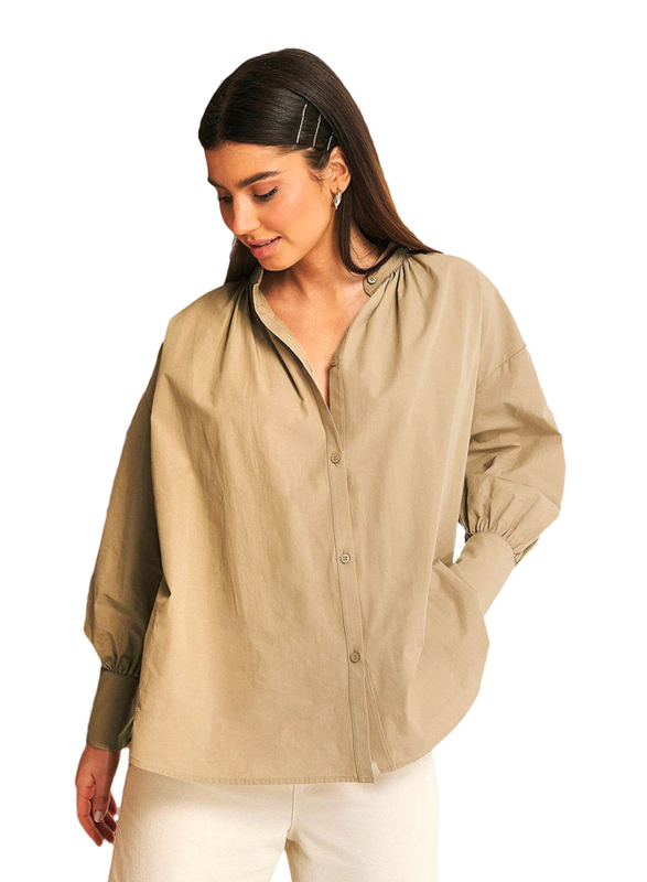 NA-KD Strap Tie Neck Shirt for Women, Extra Large, Beige