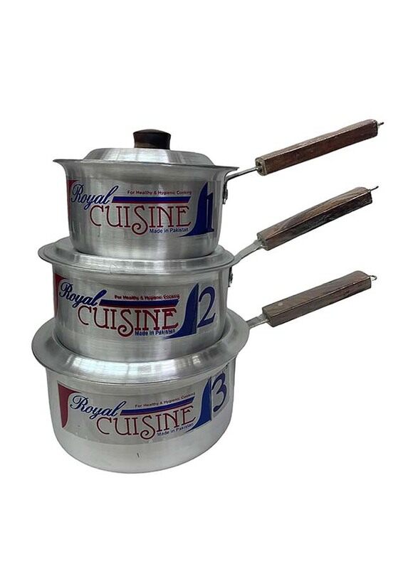 

Royal Cuisine 3-Piece Aluminium Metal Finish Round Sauce Pan Set, Silver/Brown