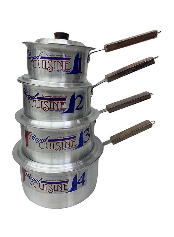 

Royal Cuisine 4-Piece Aluminium Metal Finish Round Sauce Pan Set, Silver/Brown