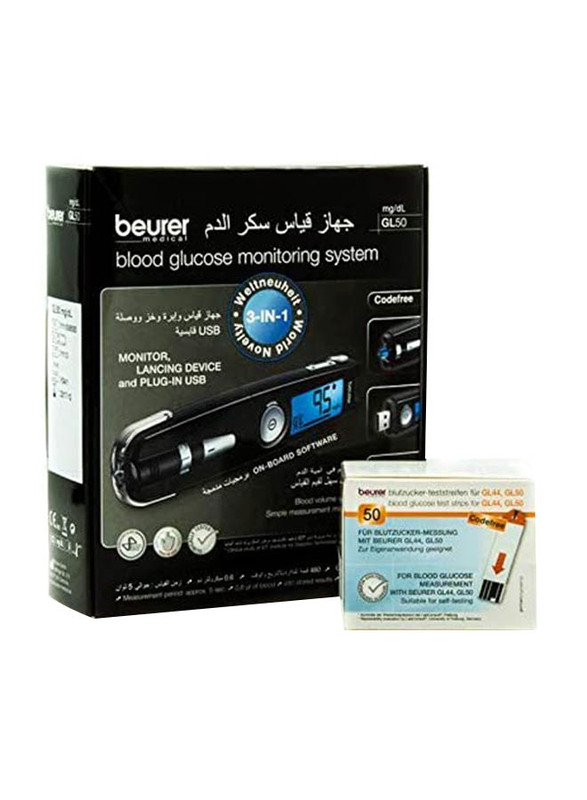 Beurer GL50 3 in 1 Blood Glucose Monitor with 50 Strips, Black