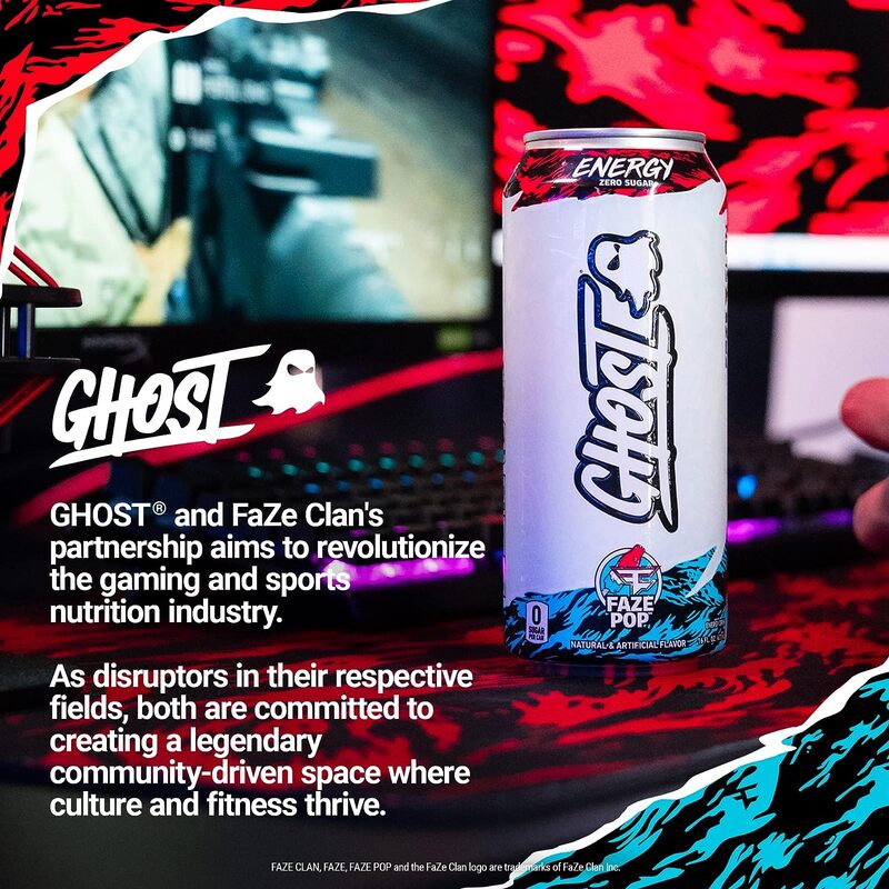 GHOST ENERGY x FAZE CLAN (FAZE POP) - Sugar Free Pre Workout Drink - 12-Pack, 16oz Cans - Energy & Focus - No Artificial Colors - 200mg of Natural Caffeine, L-Carnitine & Taurine - Soy & Gluten-Free