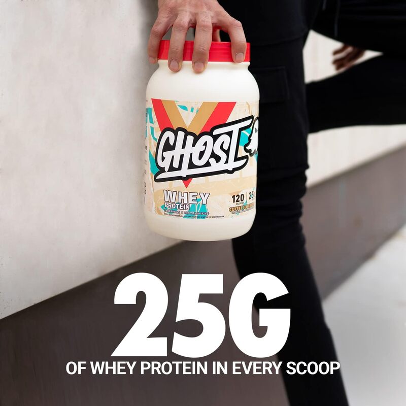 GHOST WHEY Protein Powder, Coffee Ice Cream - 2lb, 25g of Protein - Whey Protein Blend - Post Workout Fitness and Nutrition Shakes, Smoothies, Baking and Cooking - Soy and Gluten-Free