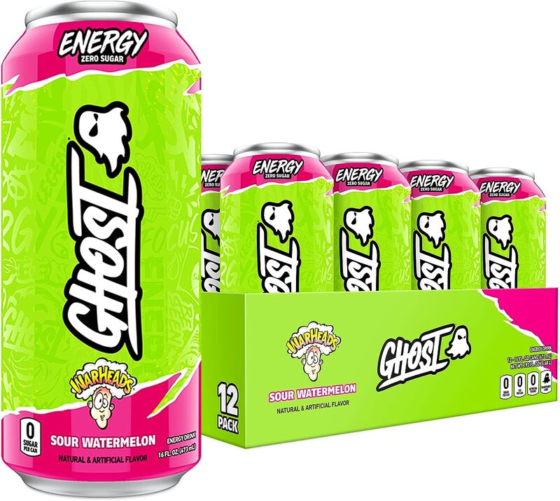 GHOST ENERGY Sugar-Free Energy Drink - 12-Pack, WARHEADS Sour Watermelon, 16oz - Energy & Focus & No Artificial Colors - 200mg of Natural Caffeine, L-Carnitine & Taurine - Soy & Gluten-Free, Vegan?