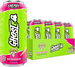 GHOST ENERGY Sugar-Free Energy Drink - 12-Pack, WARHEADS Sour Watermelon, 16oz - Energy & Focus & No Artificial Colors - 200mg of Natural Caffeine, L-Carnitine & Taurine - Soy & Gluten-Free, Vegan?