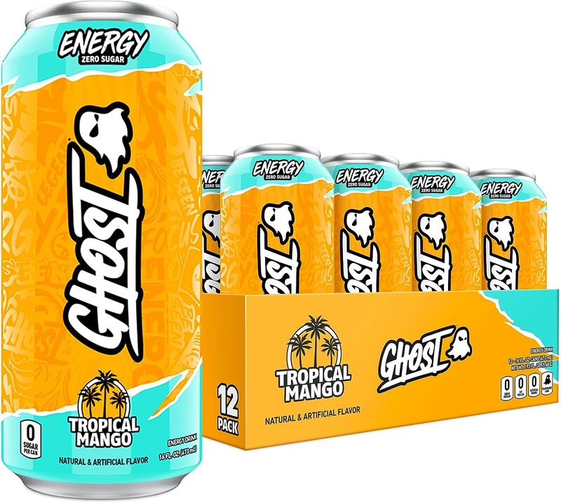 GHOST ENERGY Sugar-Free Energy Drink - 12-Pack, Tropical Mango, 16oz Cans - Energy & Focus & No Artificial Colors - 200mg of Natural Caffeine, L-Carnitine & Taurine - Soy & Gluten-Free, Vegan