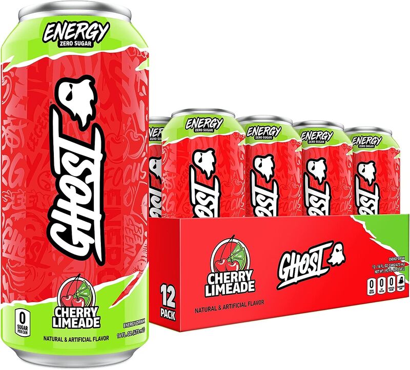 GHOST ENERGY Sugar-Free Pre Workout - 12-Pack, Cherry Limeade, 16oz - Energy & Focus & No Artificial Colors - 200mg of Natural Caffeine, L-Carnitine & Taurine - Soy & Gluten-Free, Vegan