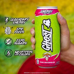 GHOST ENERGY Sugar-Free Energy Drink - 12-Pack, WARHEADS Sour Watermelon, 16oz - Energy & Focus & No Artificial Colors - 200mg of Natural Caffeine, L-Carnitine & Taurine - Soy & Gluten-Free, Vegan?