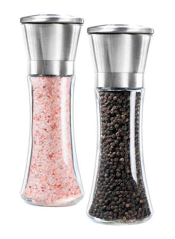 Salt and Pepper Mill Jar Container Set, 2-Piece, Silver/Clear