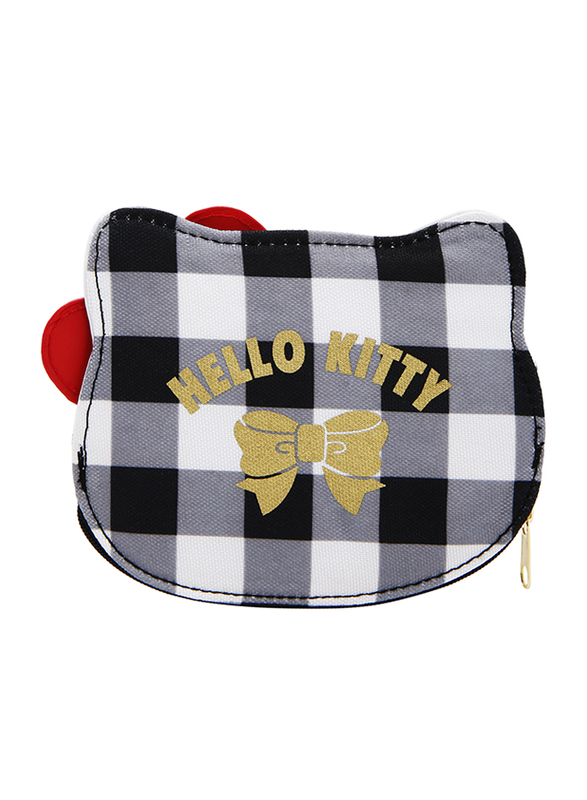 Hello Kitty Fabric Checks Pattern D-Cut Coin Purse for Girls, White, Model No. 372242