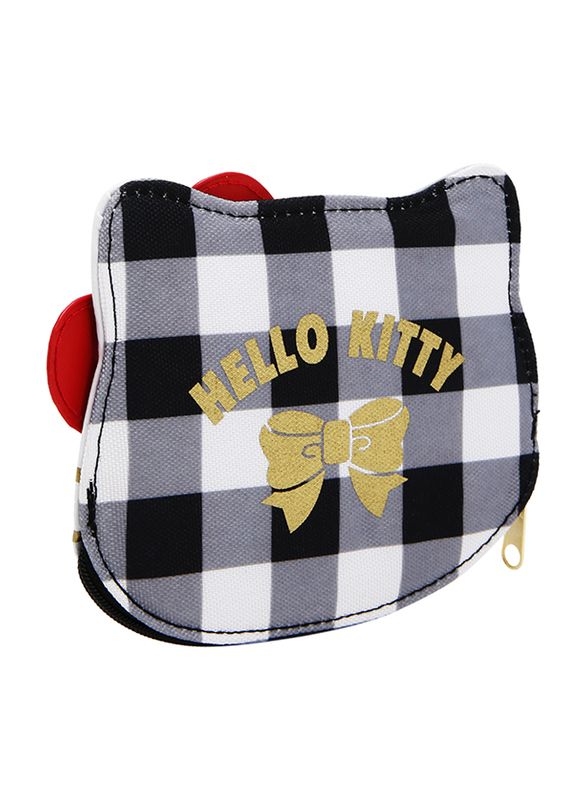 Hello Kitty Fabric Checks Pattern D-Cut Coin Purse for Girls, White, Model No. 372242