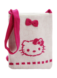 Hello Kitty Wool Ribbon Zip Closure Soft Woven Shoulder Bag for Girls, White, Model No. 96113