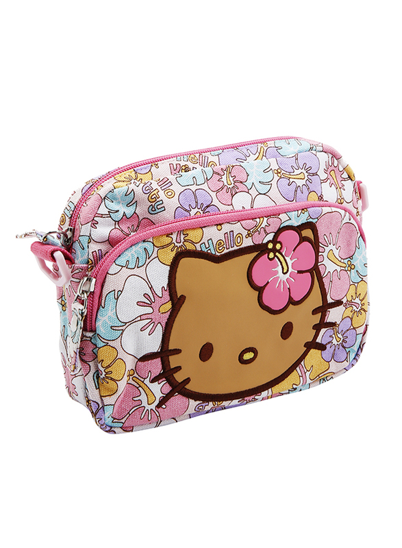 Hello Kitty Polyester Floral Printed Zip Closure Shoulder Travel Accessories Bag for Girls, Multicolour, Model No. 983756