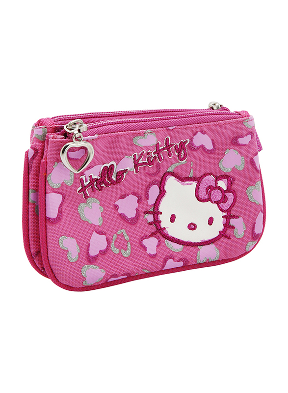 Hello Kitty PVC Heart Printed Tri-Pocket Zip Closure Coin Purse for Girls, Pink, Model No. 659169