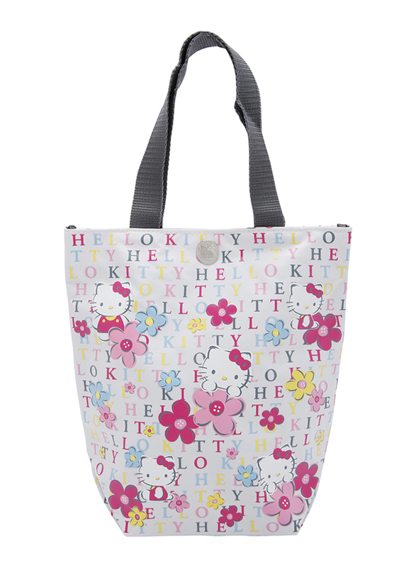 Hello Kitty Polyester Travel Flower Printed Floral Medium Tote Bag for Girls, White, Model No. 840513