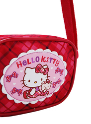 Hello Kitty Polyester Checks Pattern Ribbon Shoulder Travel Accessories Bag for Girls, Pink, Model No. 4014
