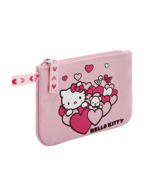 Hello Kitty Fabric Heart Printed Zip Colsure Coin Purse for Girls, Pink, Model No. 579327
