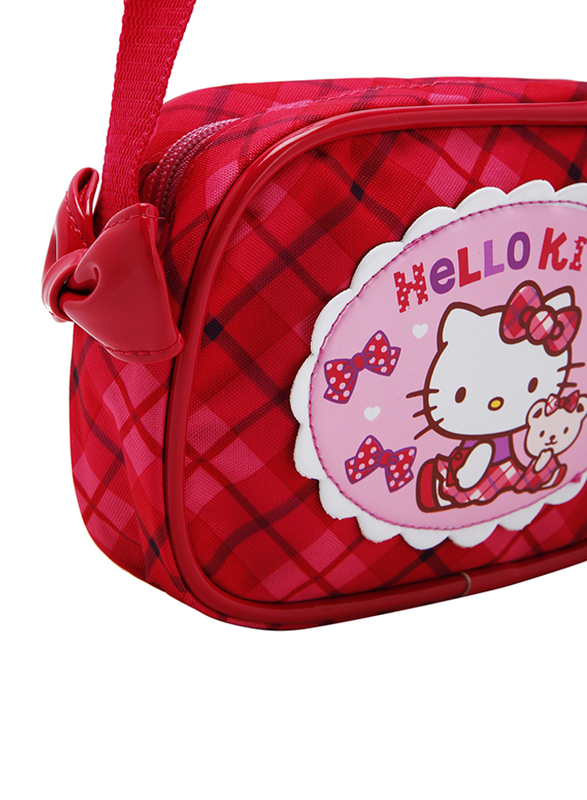 Hello Kitty Polyester Checks Pattern Ribbon Shoulder Travel Accessories Bag for Girls, Pink, Model No. 4014