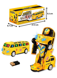 FITTO Big Yellow School Bus Transforms Into Robot with Flashing LED Lights and Bus Sounds, with Two Batteries, Yellow