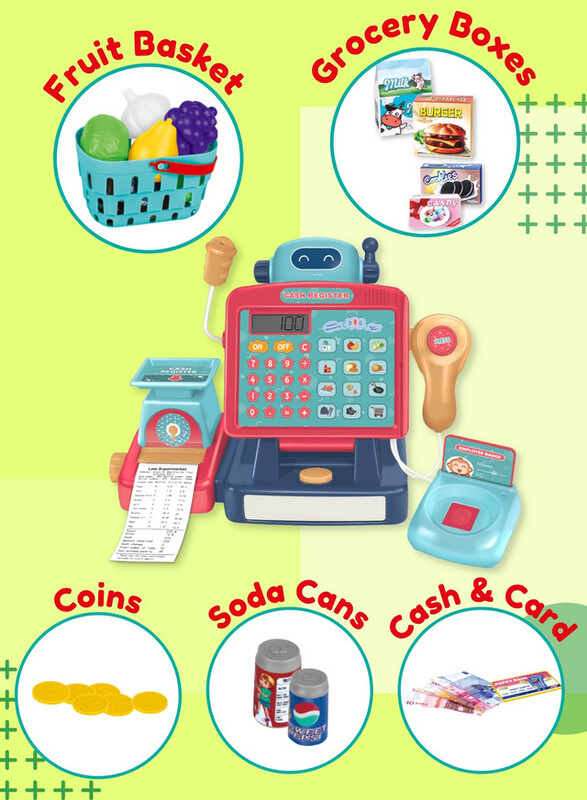 FITTO Supermarket Cash Register for Kids, With Shopping Basket, Toy Cash Money, Working Calculator, Microphone, and a Credit Card, Red