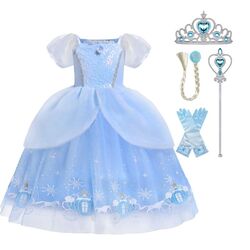 FITTO Cinderella Costume for Girls Princess Dress Up Set with Blue Dress and Headband, size 130