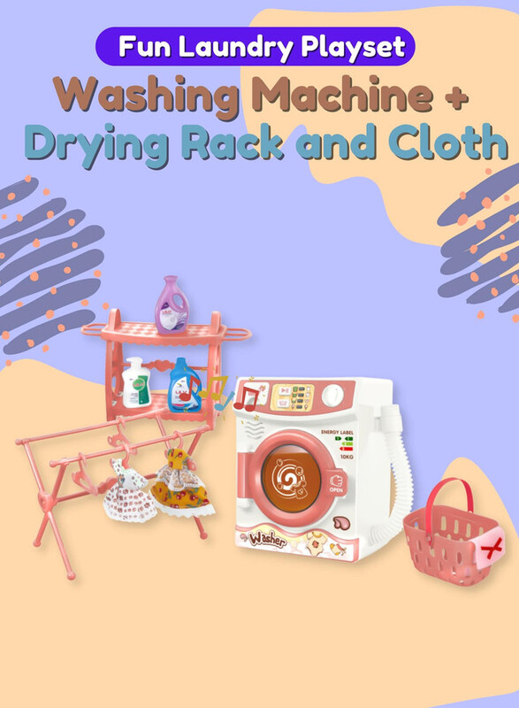 FITTO Washing Machine Playset for Kids, Realistic Pretend Play Appliance with Clothes, Basket, and Hanging Rack, Pink